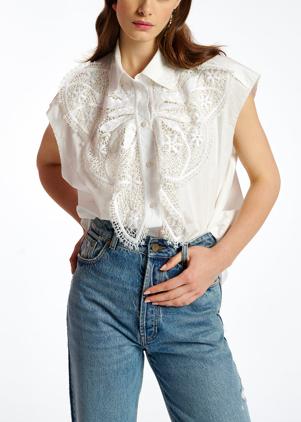 Wit katoenen hemd zonder mouwen met kant RE—SSENTIEL | Essentiel second hand