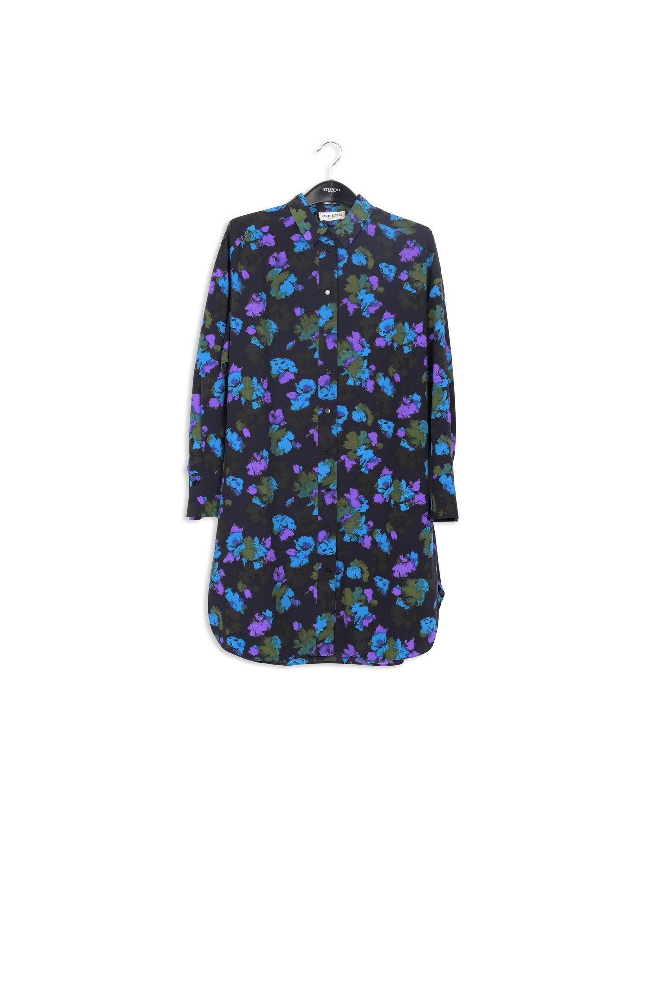 Black and blue floral print midi shirt dress RE—SSENTIEL | Essentiel second hand