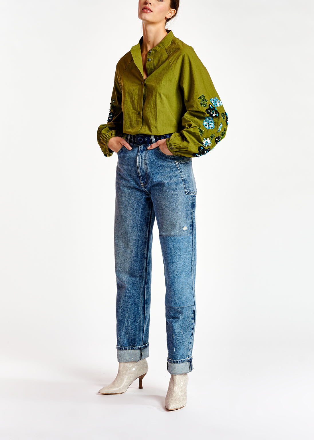 Kakigroen hemd met pailletten RE—SSENTIEL | Essentiel second hand