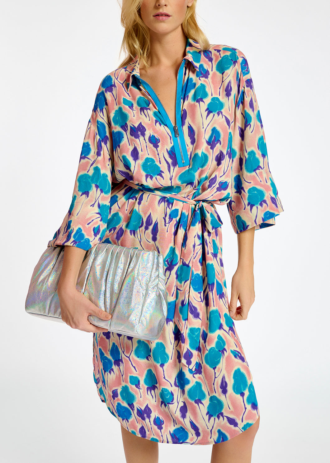 Light pink, blue and purple floral print midi-length dress RE—SSENTIEL | Essentiel second hand