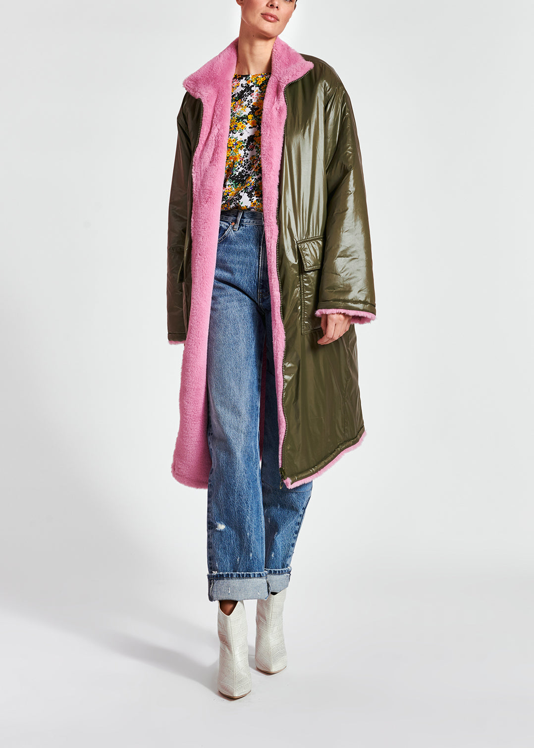 Khaki green and pink reversible faux fur coat RE—SSENTIEL | Essentiel second hand