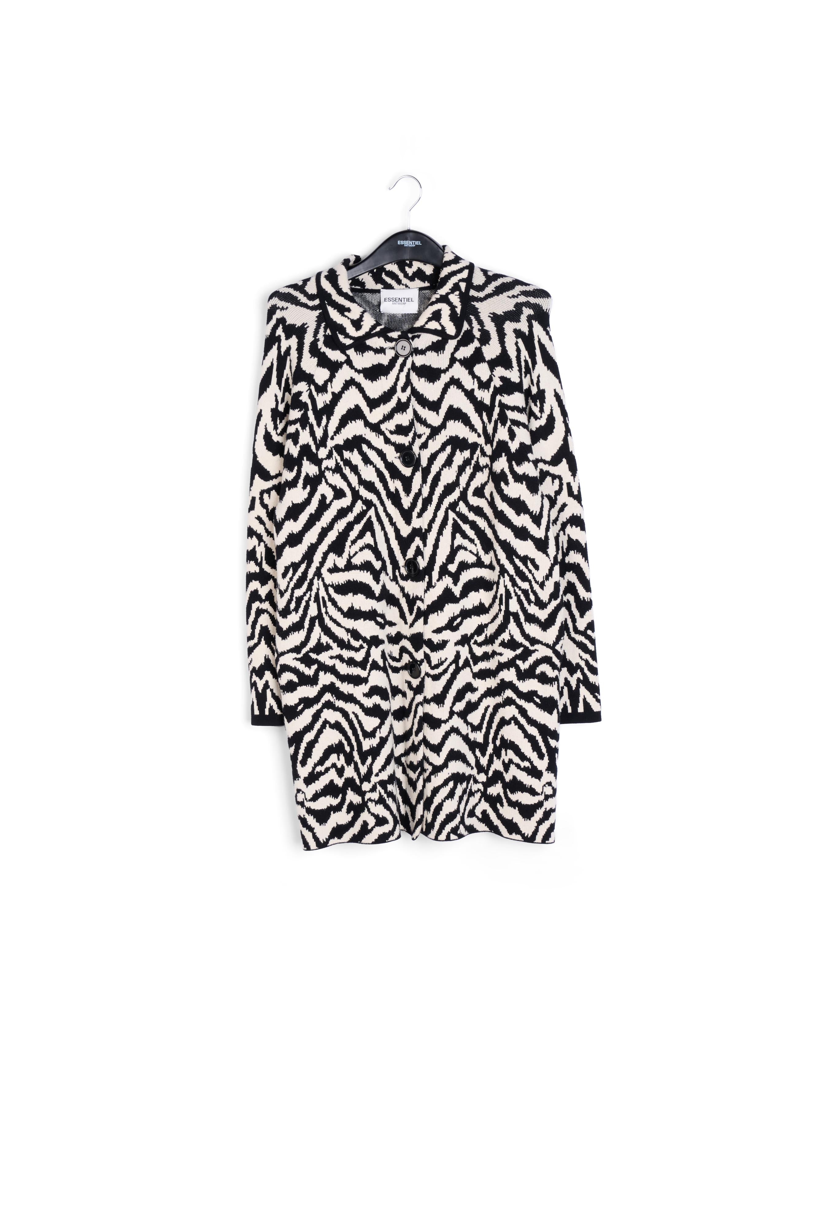 Long black and off-white jacquard coat with zebra motif RE—SSENTIEL | Essentiel second hand