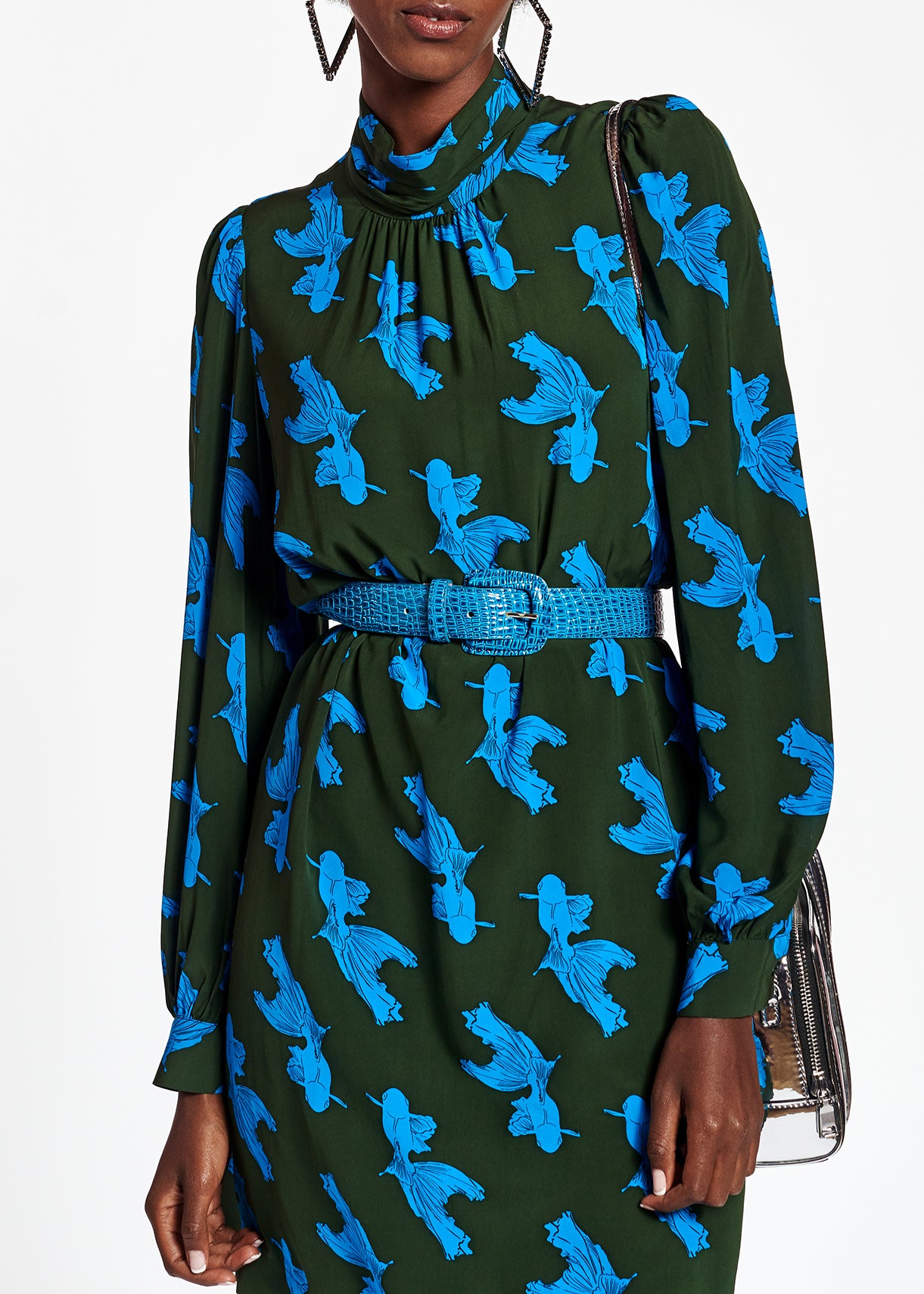 Kaki en turquoise mini-jurk met grafische print RE—SSENTIEL | Essentiel second hand