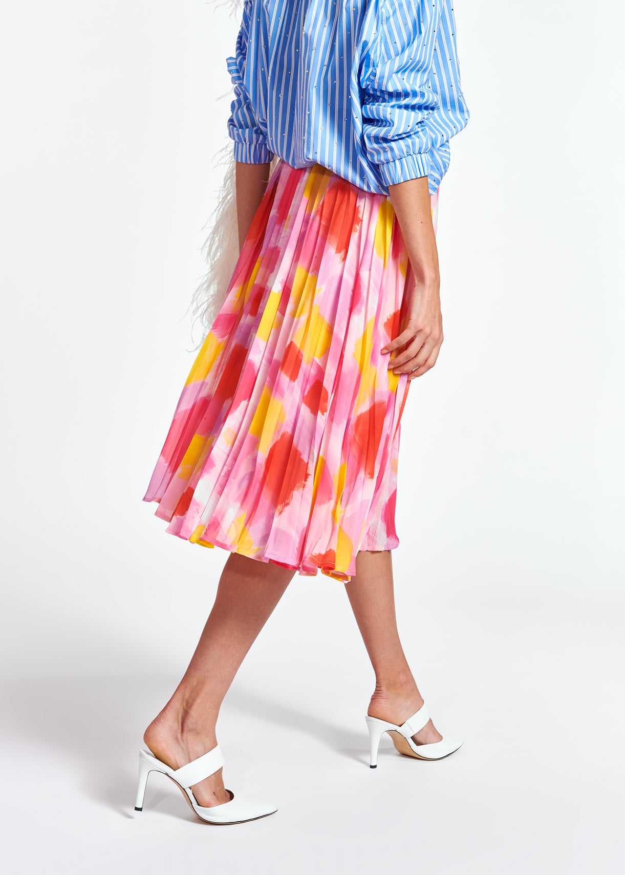 Pink and yellow plissé midi skirt RE—SSENTIEL | Essentiel second hand