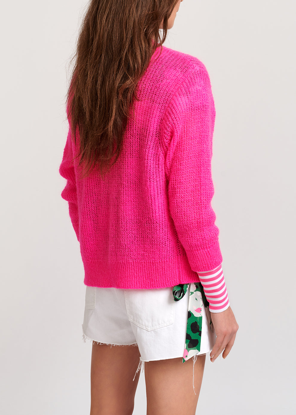 Neon pink ribbed-knit cardigan with striped neon cuffs RE—SSENTIEL | Essentiel second hand