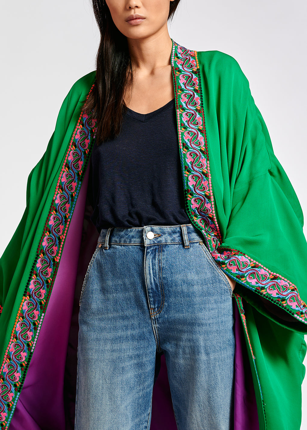 Green kimono with colorful embroideries RE—SSENTIEL | Essentiel second hand