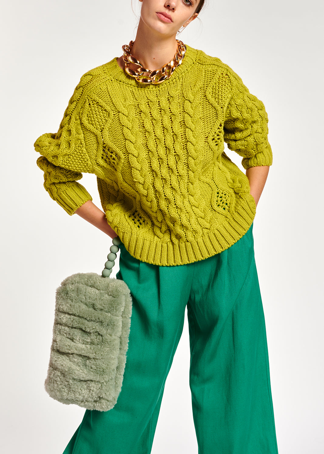 Pull vert citron en tricot torsadé RE—SSENTIEL | Essentiel second hand
