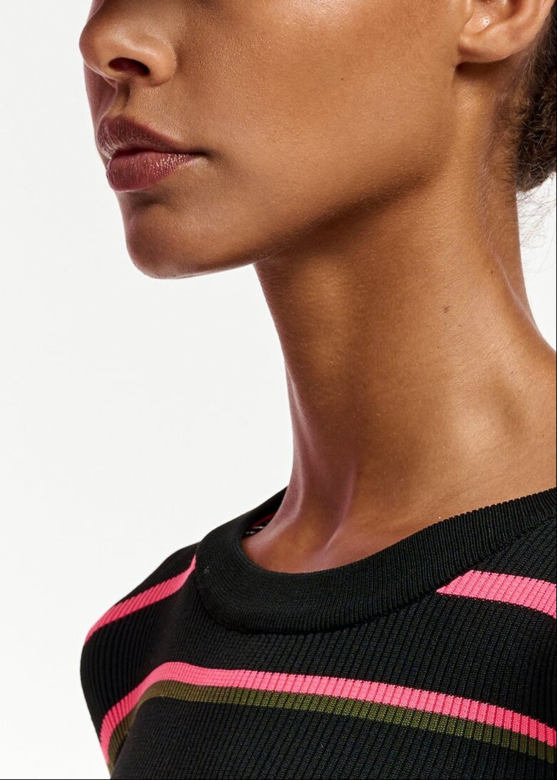 Black, neon pink and khaki striped knitted sweater RE—SSENTIEL | Essentiel second hand