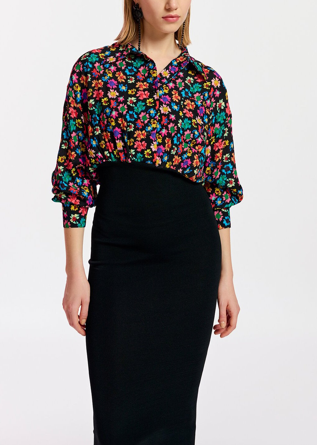 Black floral-print and rib-knitted midi dress RE—SSENTIEL | Essentiel second hand