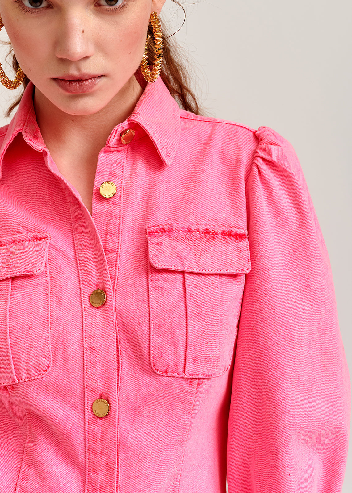 Neon pink puffed sleeves denim mini dress RE—SSENTIEL | Essentiel second hand
