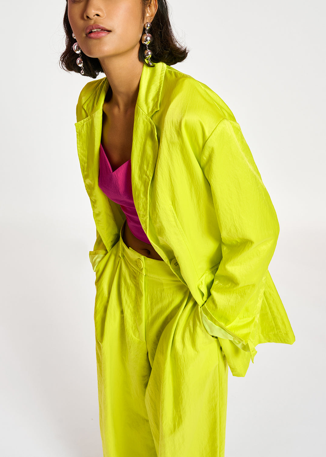 Lime green single-breasted satin blazer RE—SSENTIEL | Essentiel second hand