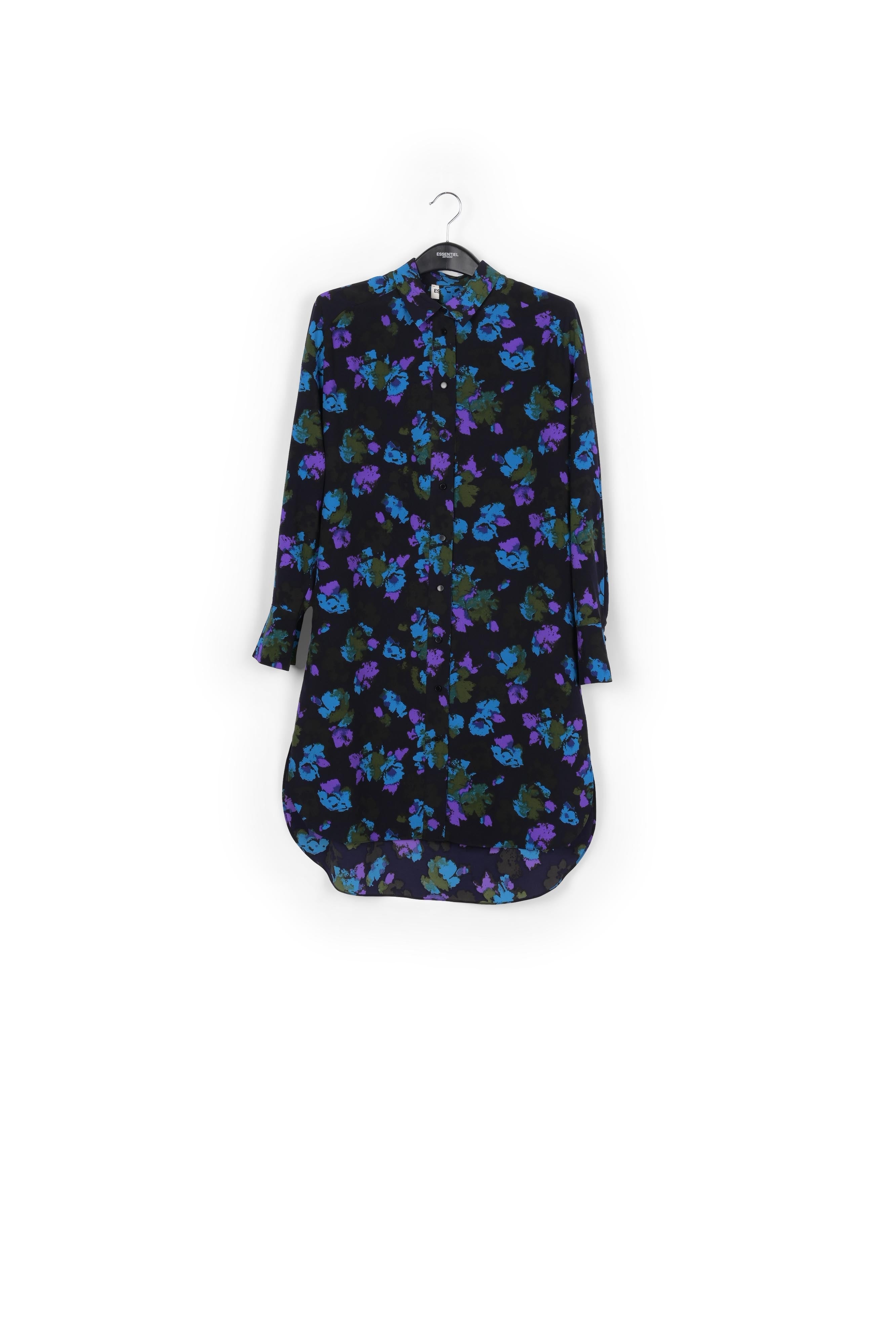 Robe chemise midi à imprimé fleuri noir et bleu RE—SSENTIEL | Essentiel second hand