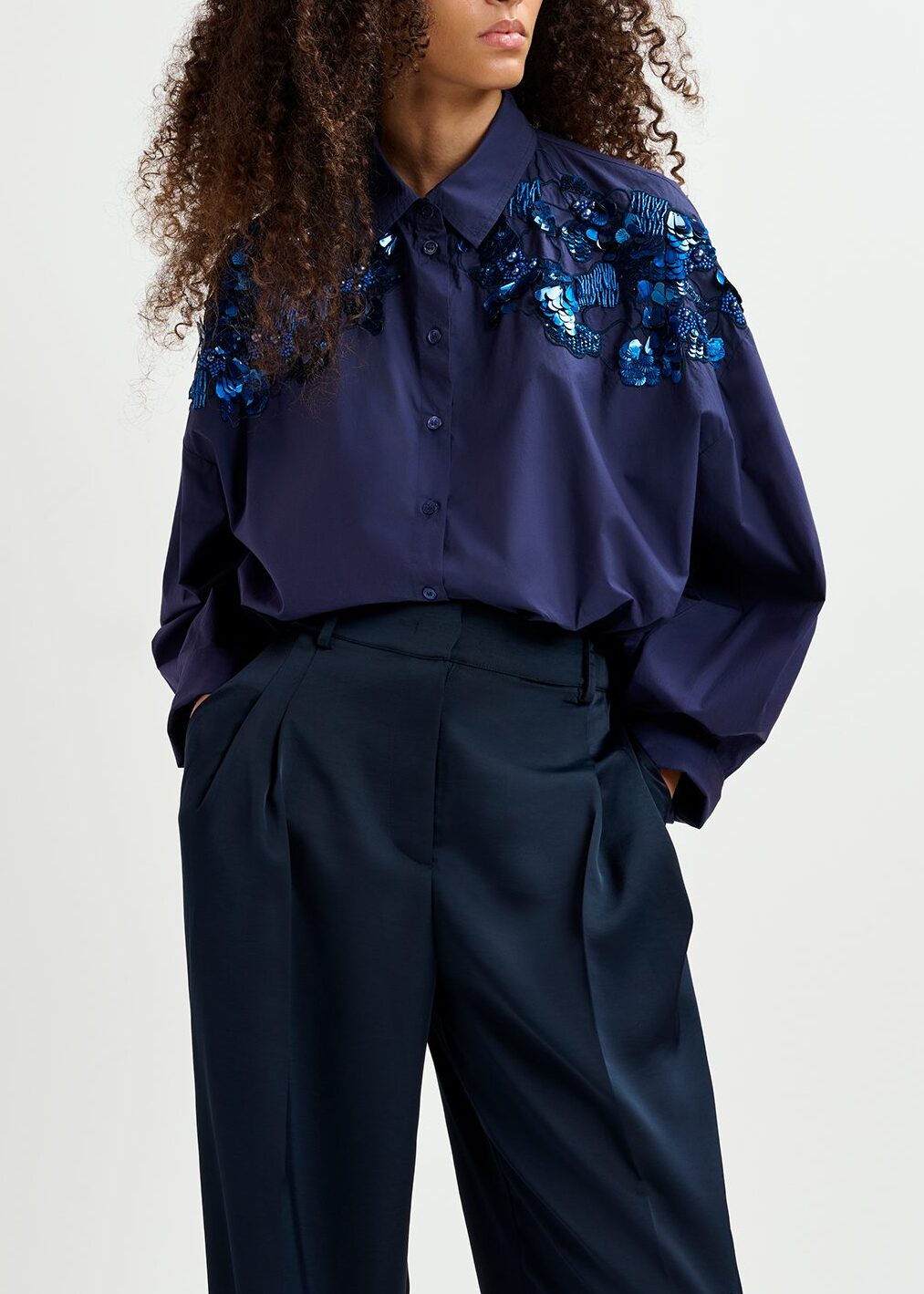 Navy blue cotton shirt with sequin and beaded embroideries RE—SSENTIEL | Essentiel second hand