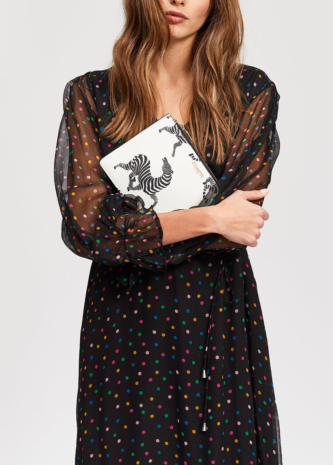 Black polka dot maxi dress with frilled hem RE—SSENTIEL | Essentiel second hand