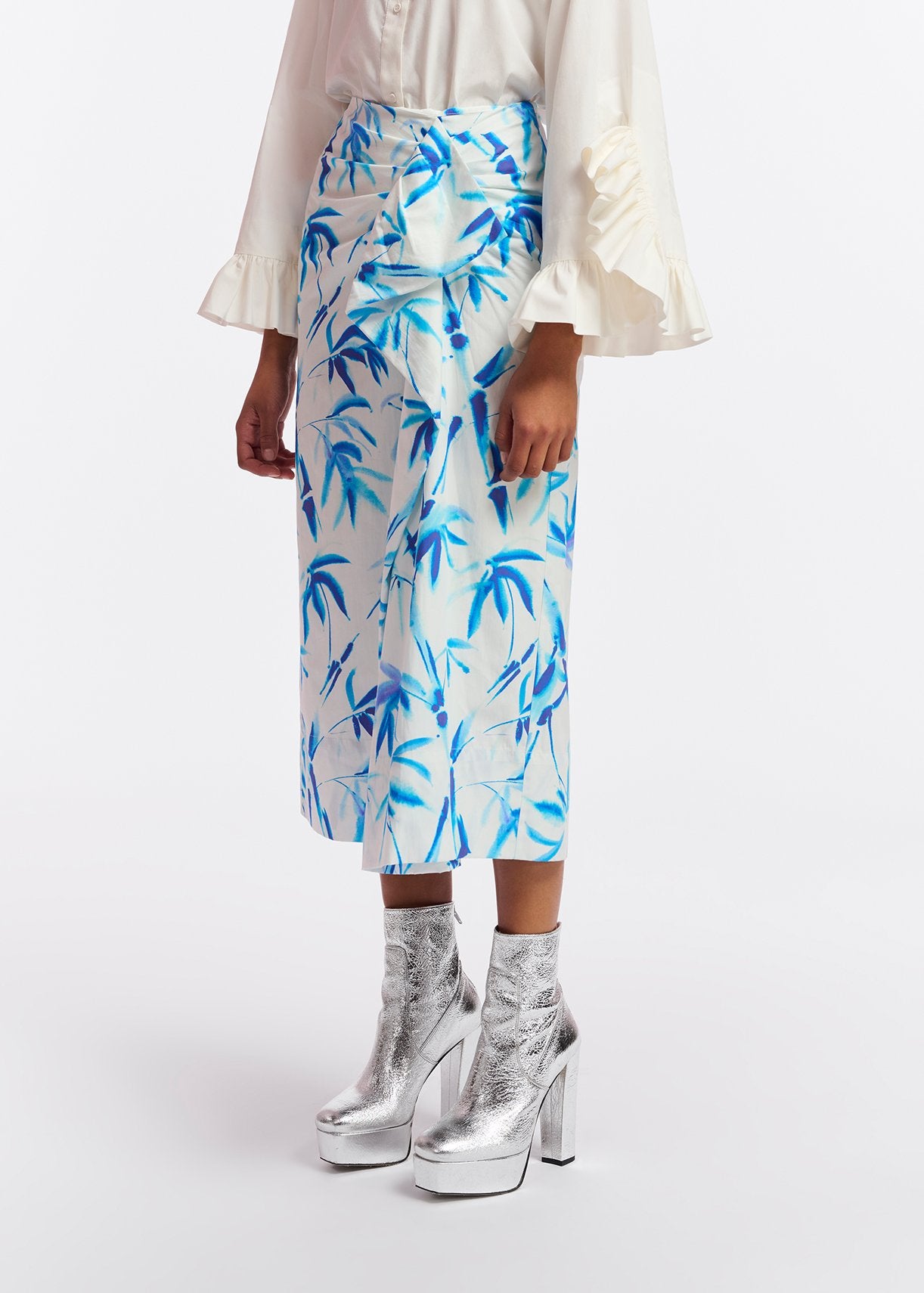 Off-white cotton draped midi skirt with palm leaf print RE—SSENTIEL | Essentiel second hand