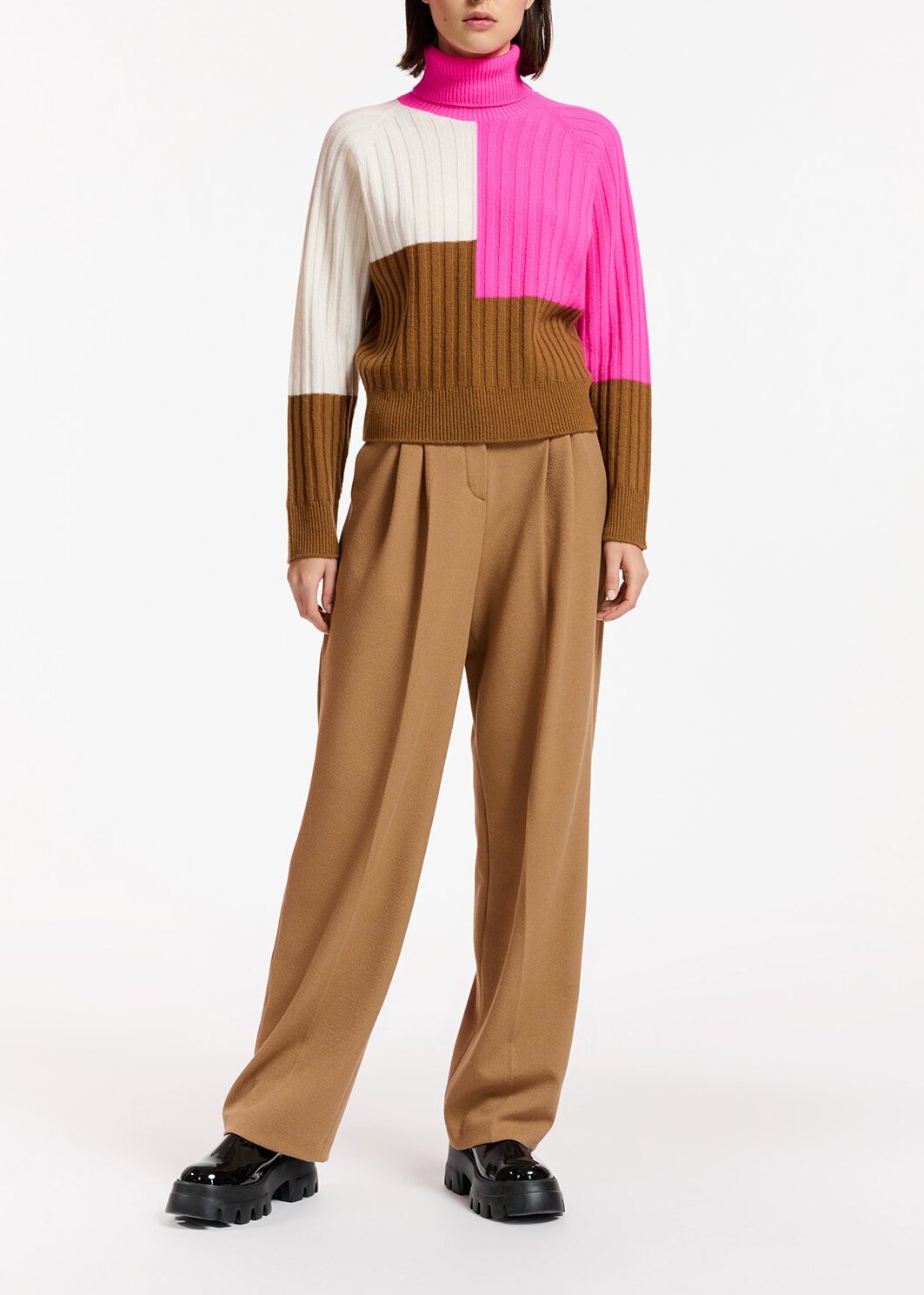 Brown, off-white and neon pink rib-knit sweater RE—SSENTIEL | Essentiel second hand