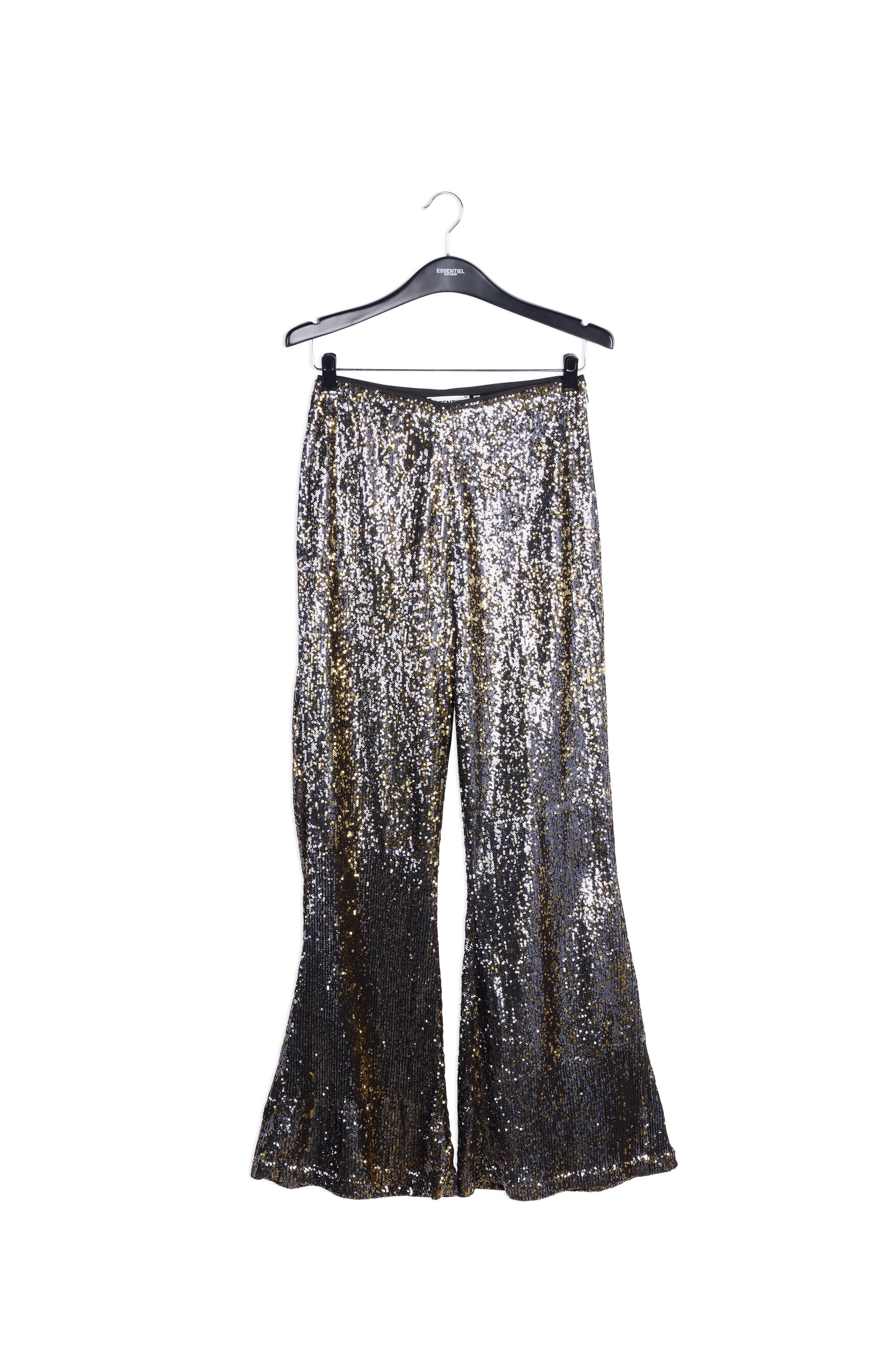 Pantalon aux jambes évasées à paillettes noires et dorées RE—SSENTIEL | Essentiel second hand
