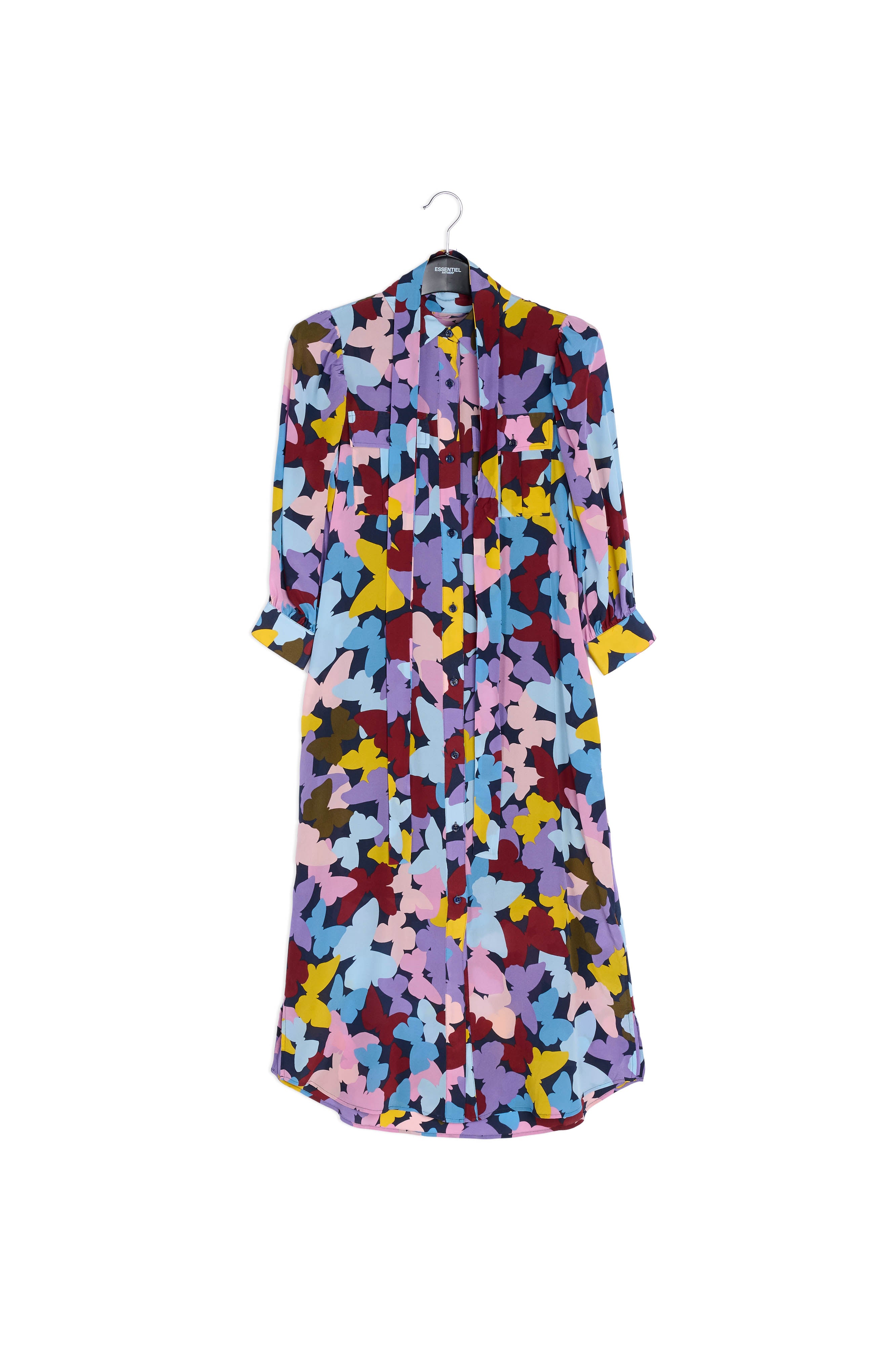 Silk burgundy, lilac and blue butterfly-print midi dress RE—SSENTIEL | Essentiel second hand