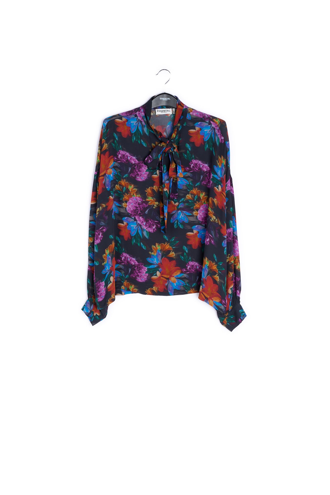 Shirt with bow and anthracite grey, blue and orange floral print RE—SSENTIEL | Essentiel second hand
