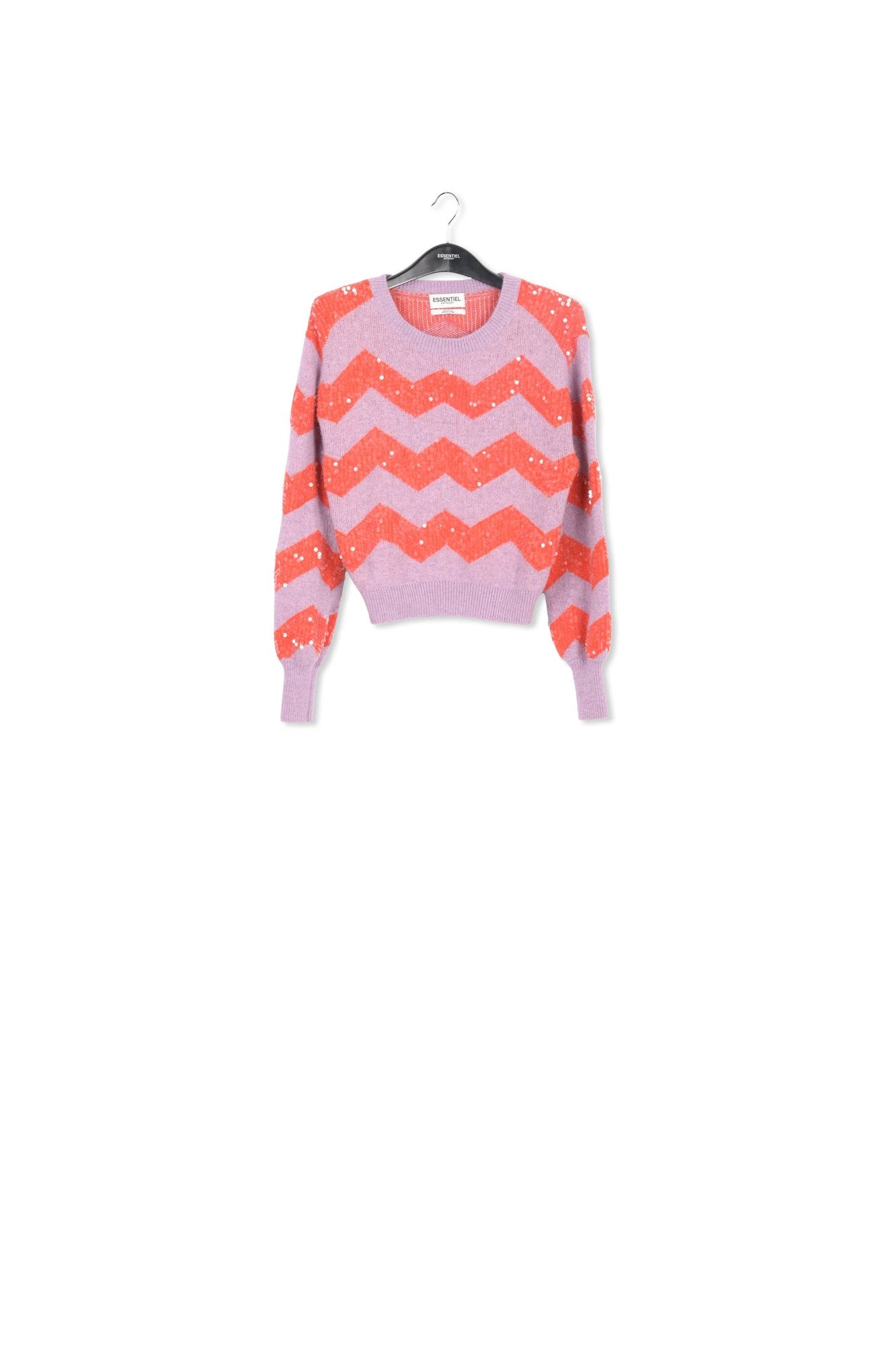 Dark lilac and red chevron jacquard-knit sweater with sequin embroideries RE—SSENTIEL | Essentiel second hand