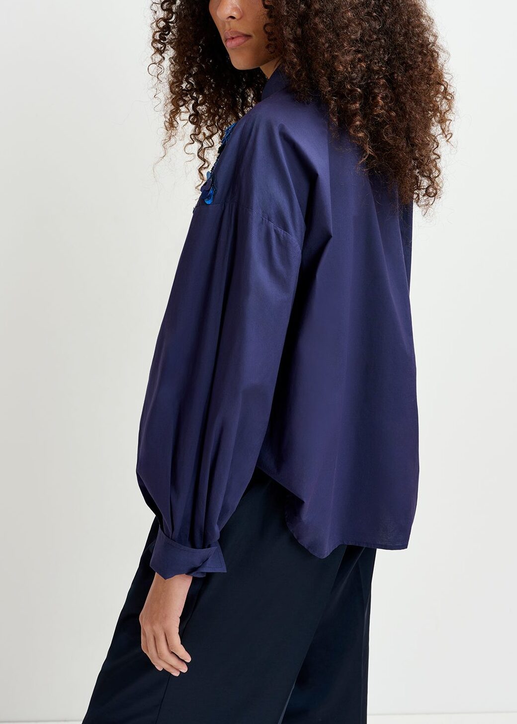 Navy blue cotton shirt with sequin and beaded embroideries RE—SSENTIEL | Essentiel second hand