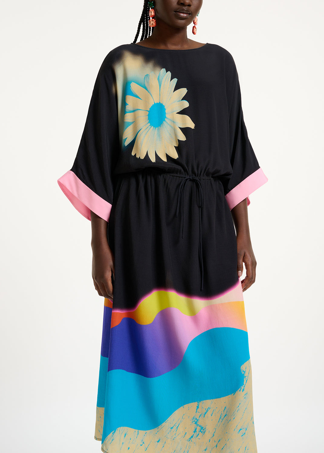 Black midi-length dress with multicolor print RE—SSENTIEL | Essentiel second hand