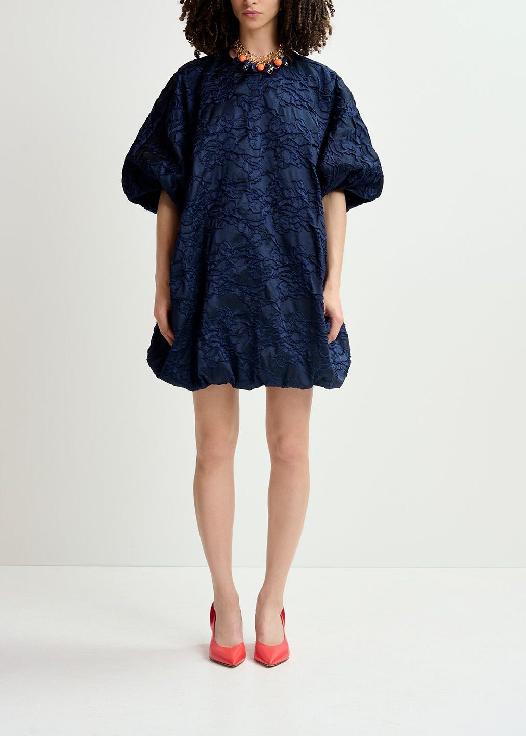 Navy blue jacquard-woven puffy mini dress RE—SSENTIEL | Essentiel second hand