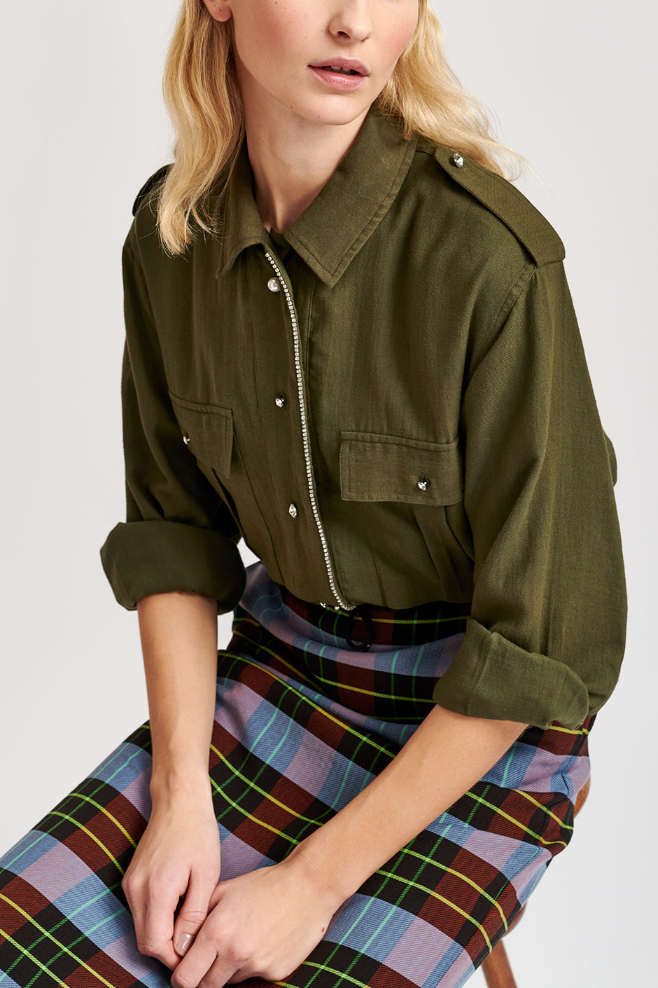 Army green cotton-blend shirt with strass placket RE—SSENTIEL | Essentiel second hand