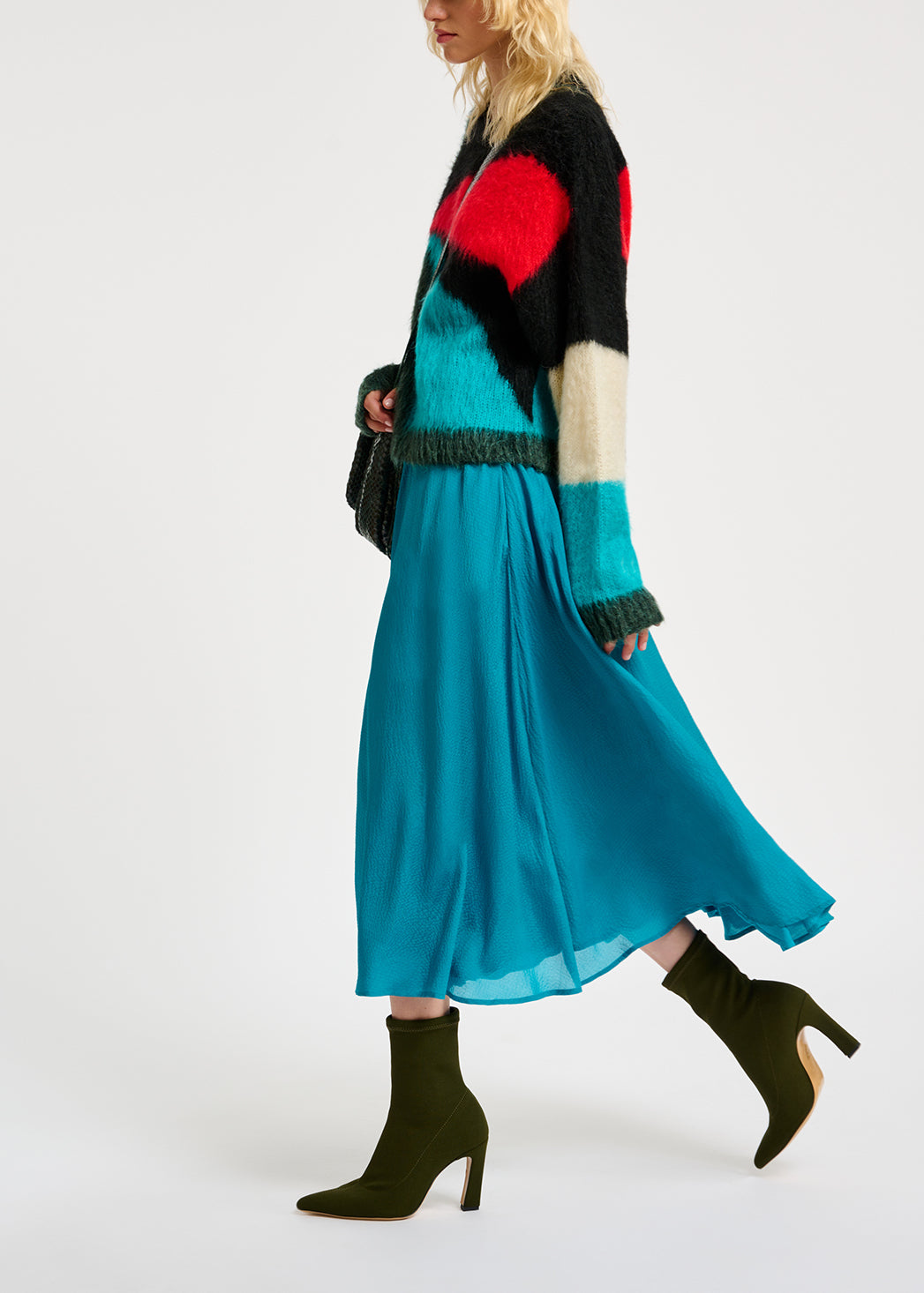 Pull en tricot intarsia vert foncé, bleu et rouge RE—SSENTIEL | Essentiel second hand