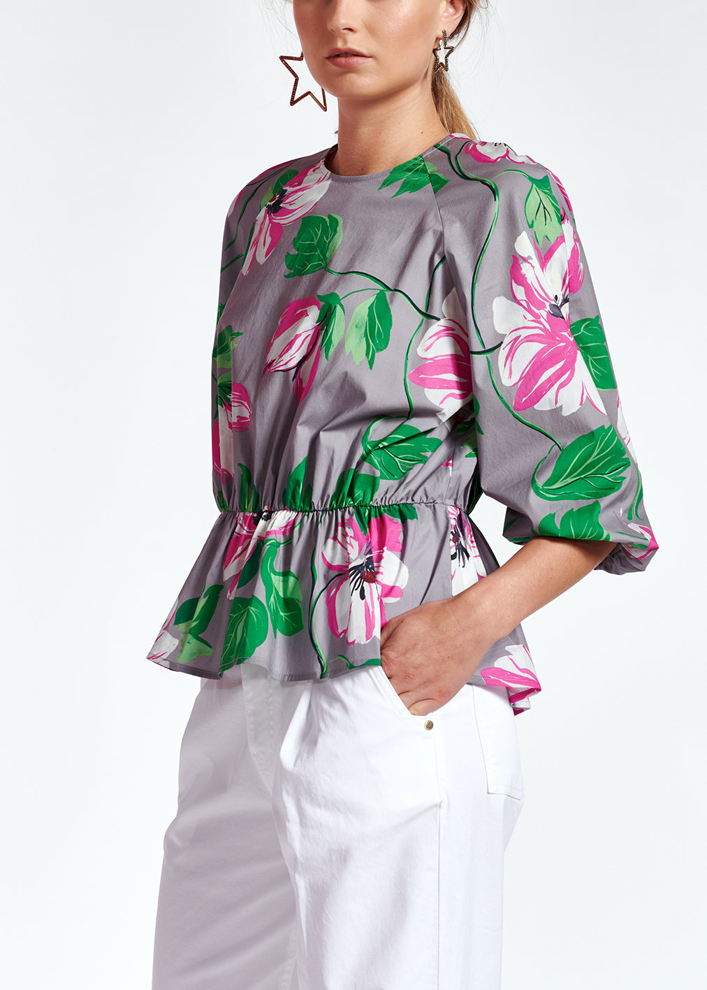 Grijze peplumtop van popeline met bloemen RE—SSENTIEL | Essentiel second hand