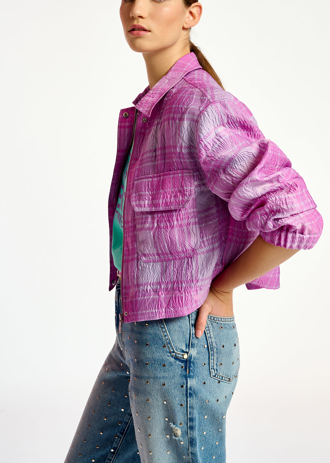 Lilac and purple checked cropped jacket RE—SSENTIEL | Essentiel second hand