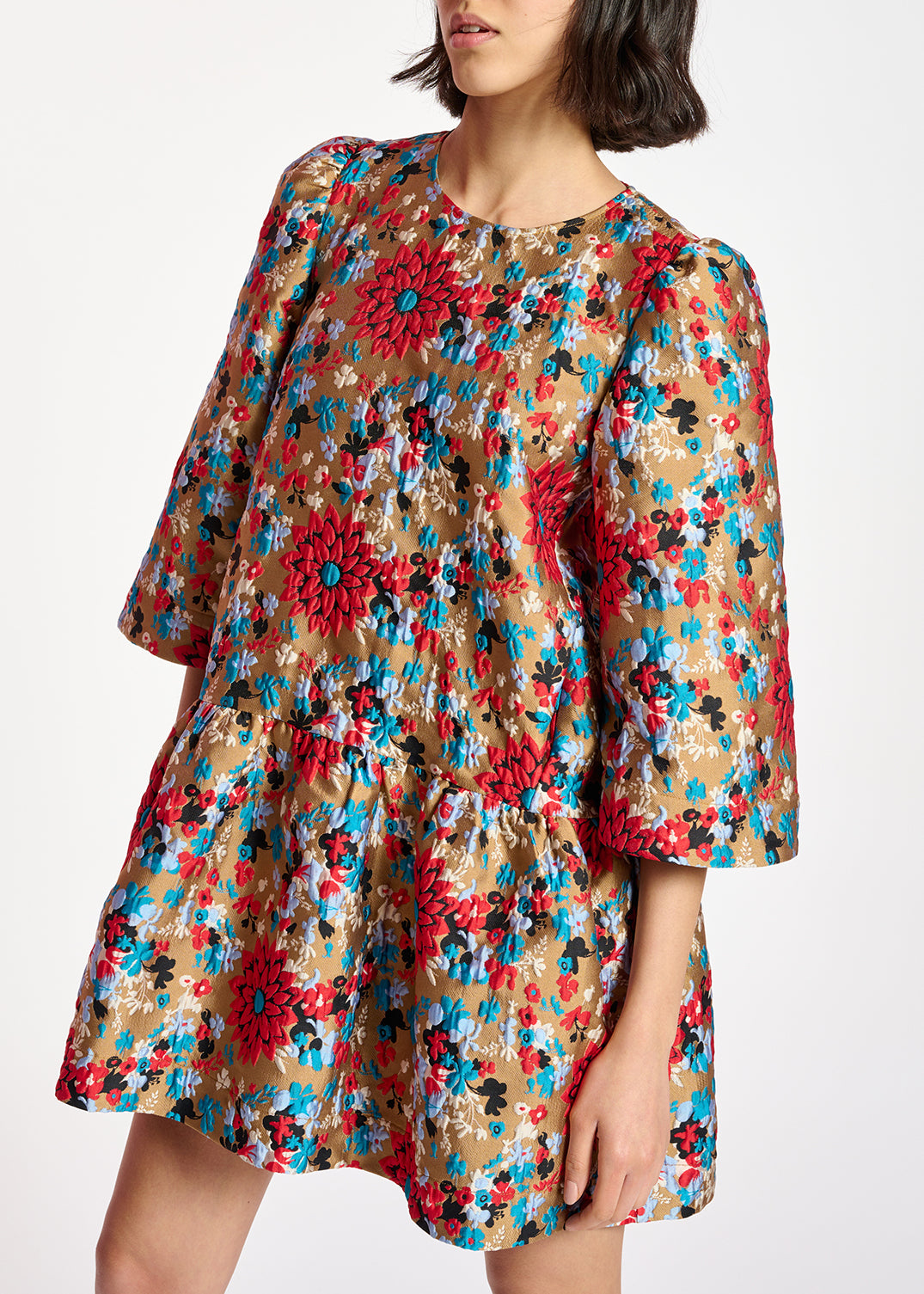 Camel floral jacquard mini dress RE—SSENTIEL | Essentiel second hand