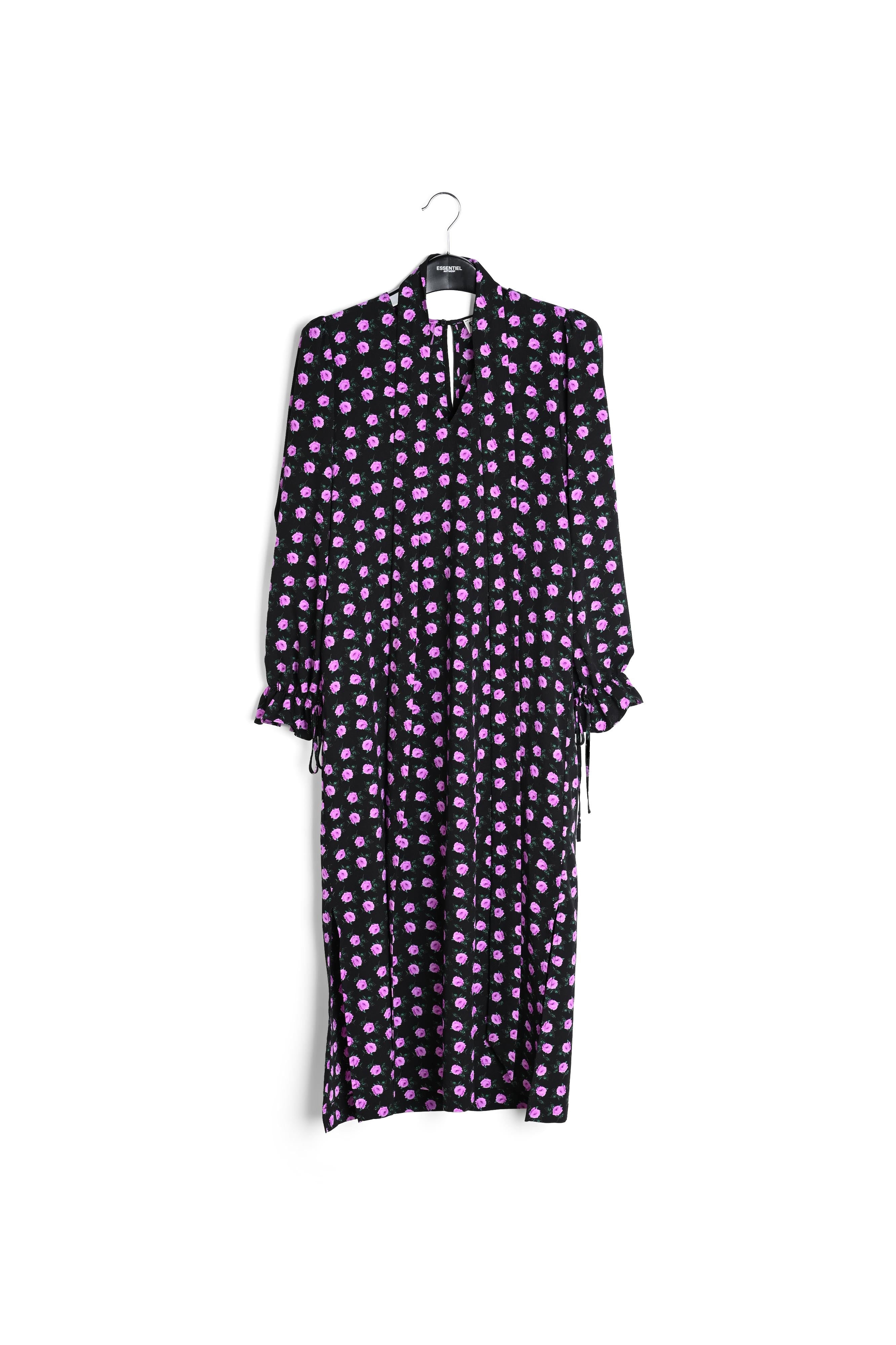 Zwarte midi-jurk met bloemenprint en riem RE—SSENTIEL | Essentiel second hand