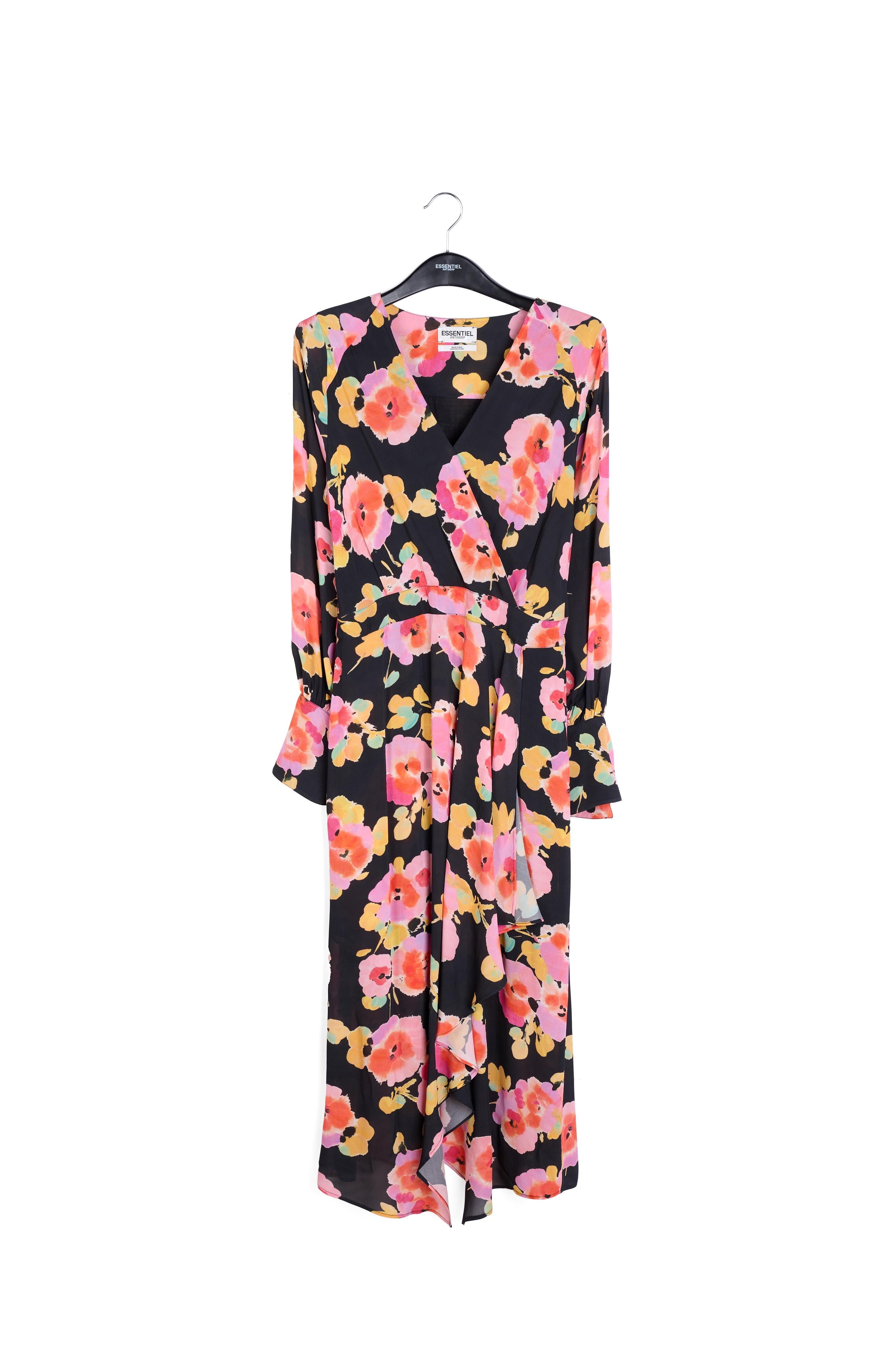 Zwarte midi-jurk met bloemenprint RE—SSENTIEL | Essentiel second hand