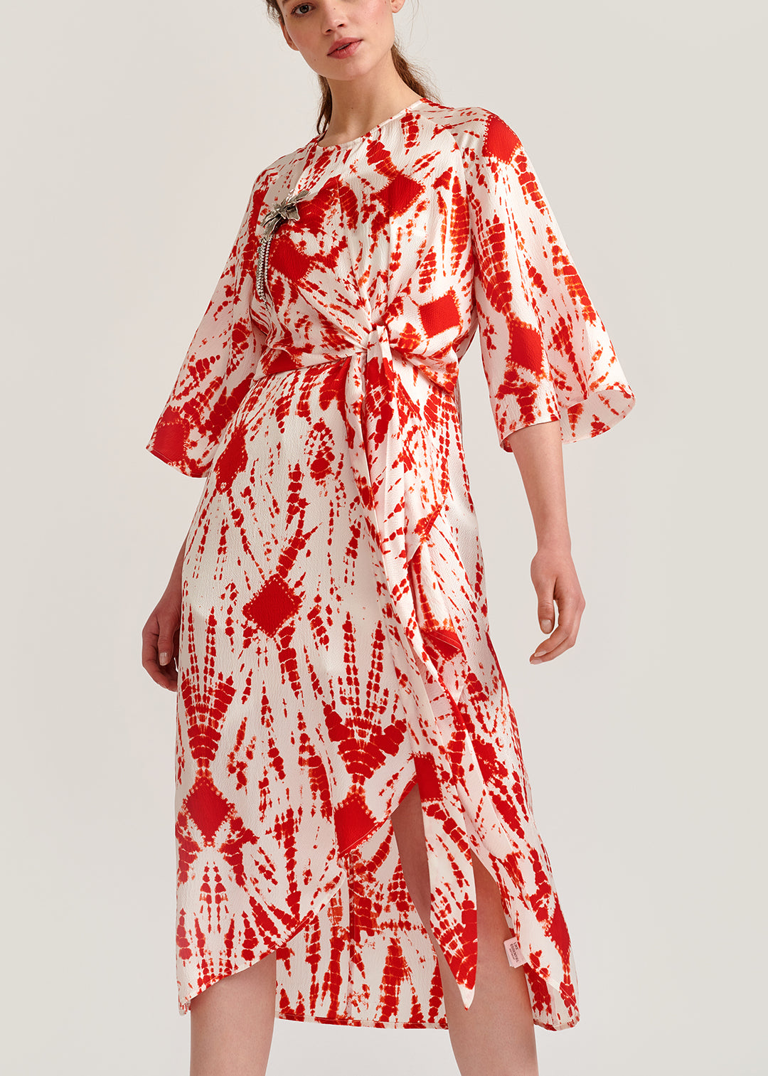 Off-white and red tie-dyed silk midi dress RE—SSENTIEL | Essentiel second hand