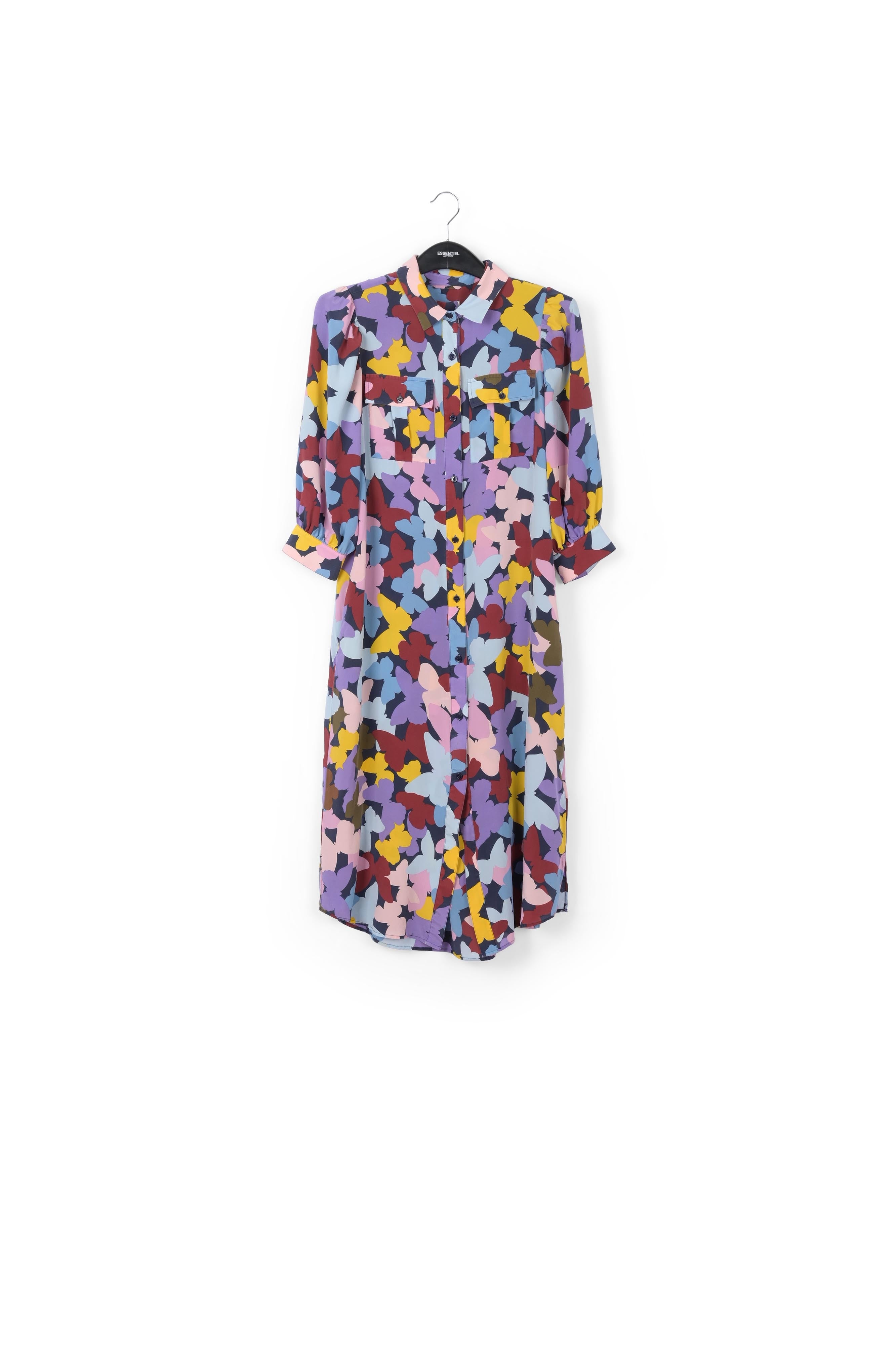 Silk burgundy, lilac and blue butterfly-print midi dress RE—SSENTIEL | Essentiel second hand