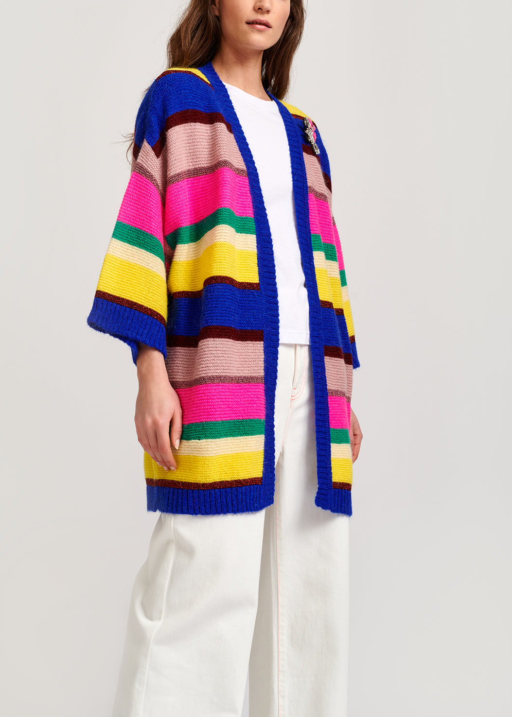 Cardigan à rayures bleu cobalt, rose fluo et jaune RE—SSENTIEL | Essentiel second hand