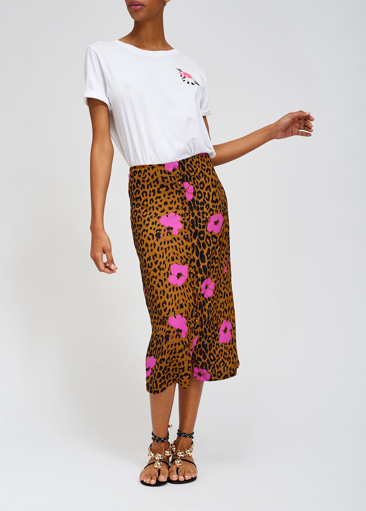 Leopard print and pink floral midi pencil skirt RE—SSENTIEL | Essentiel second hand