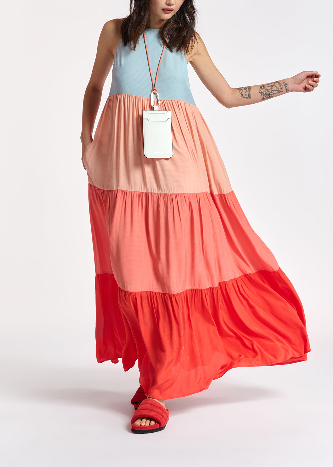Light blue, orange and red color-blocking effect maxi dress RE—SSENTIEL | Essentiel second hand