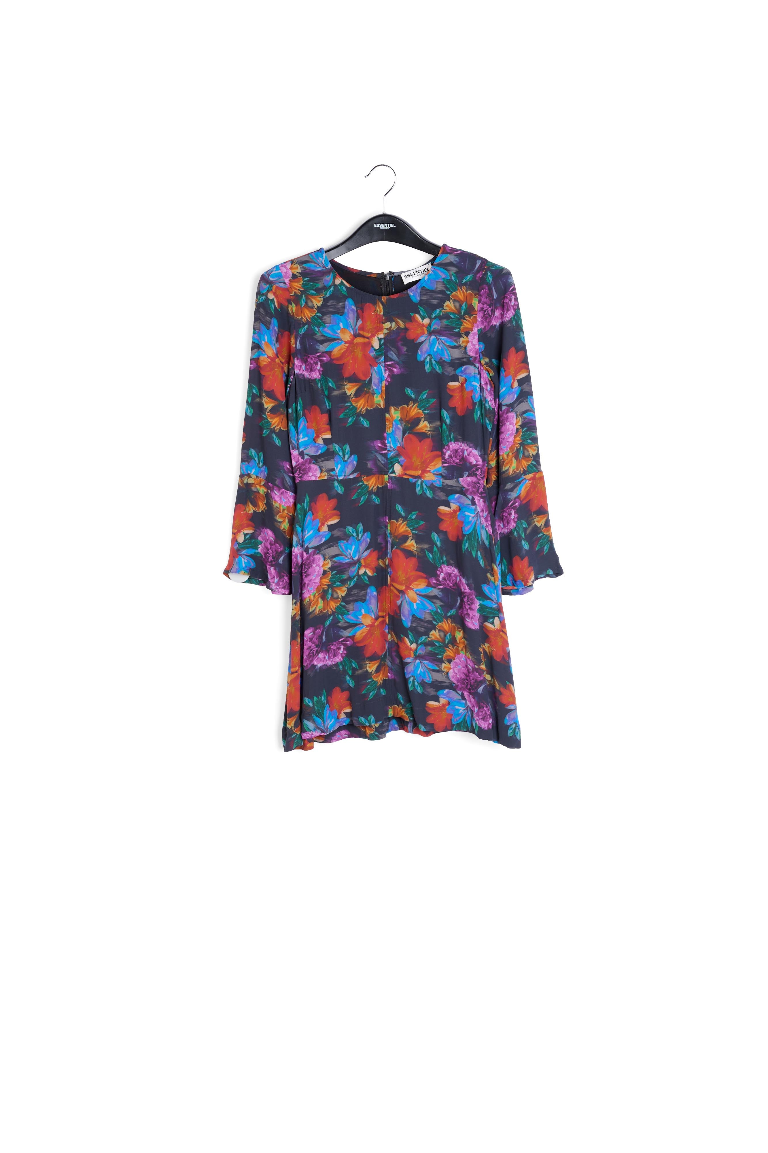 Mini-jurk met antracietgrijze, blauwe en oranje bloemenprint RE—SSENTIEL | Essentiel second hand