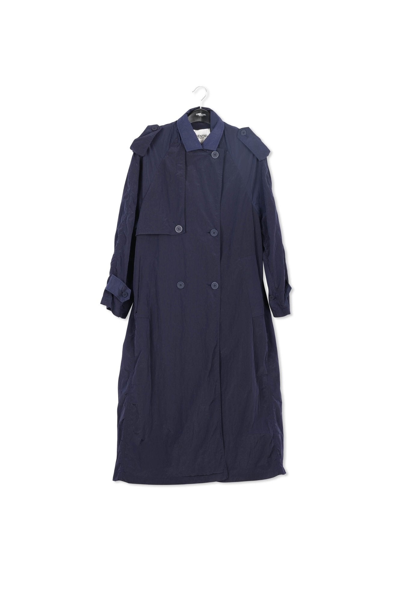 Navy blue double-breasted trench coat RE—SSENTIEL | Essentiel second hand