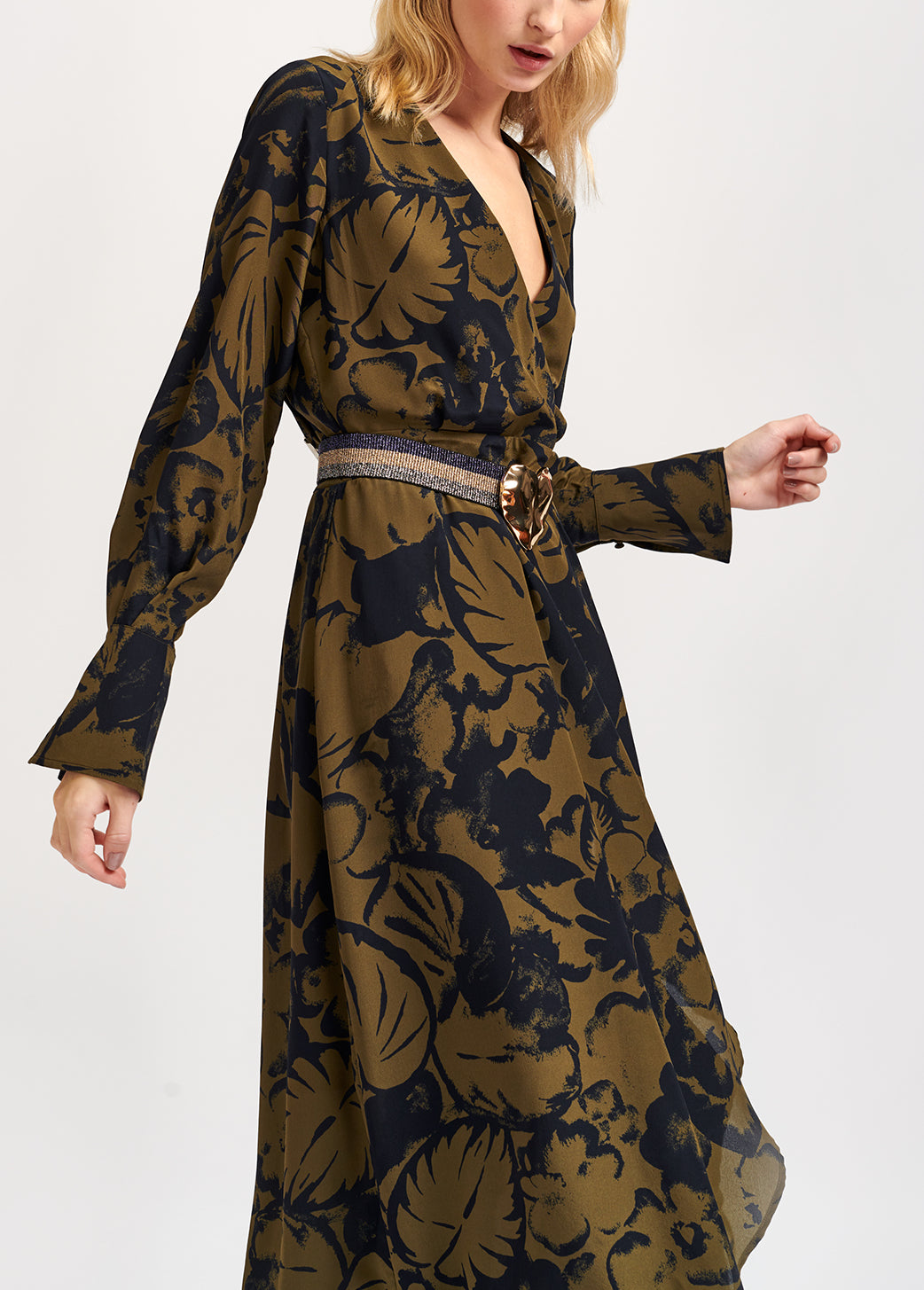 Navy blue botanical-print silk midi dress RE—SSENTIEL | Essentiel second hand