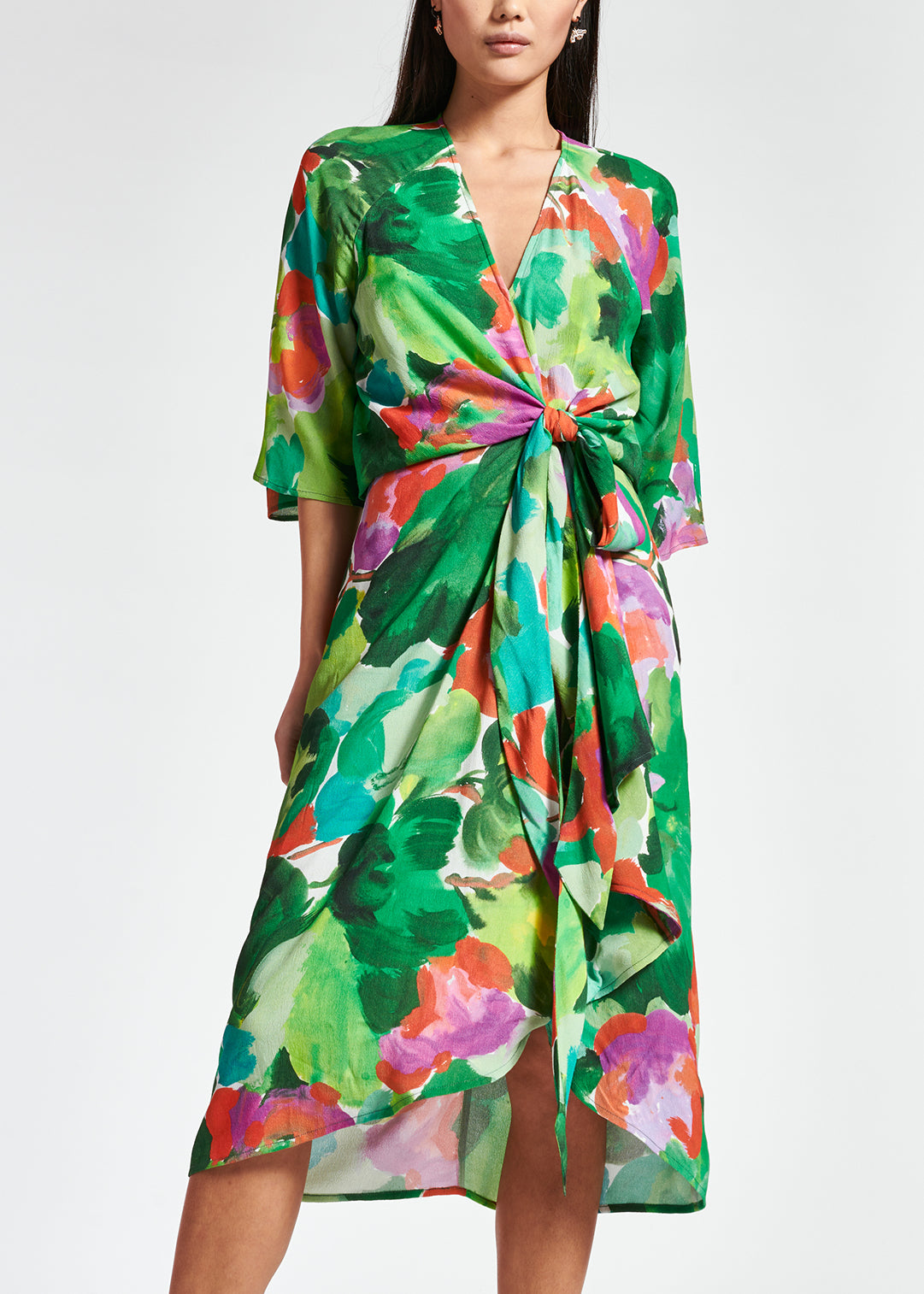 Green, lilac and orange watercolor-print midi dress RE—SSENTIEL | Essentiel second hand