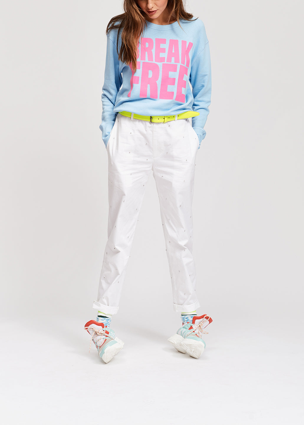 Blue cotton sweatshirt with pink break free print RE—SSENTIEL | Essentiel second hand