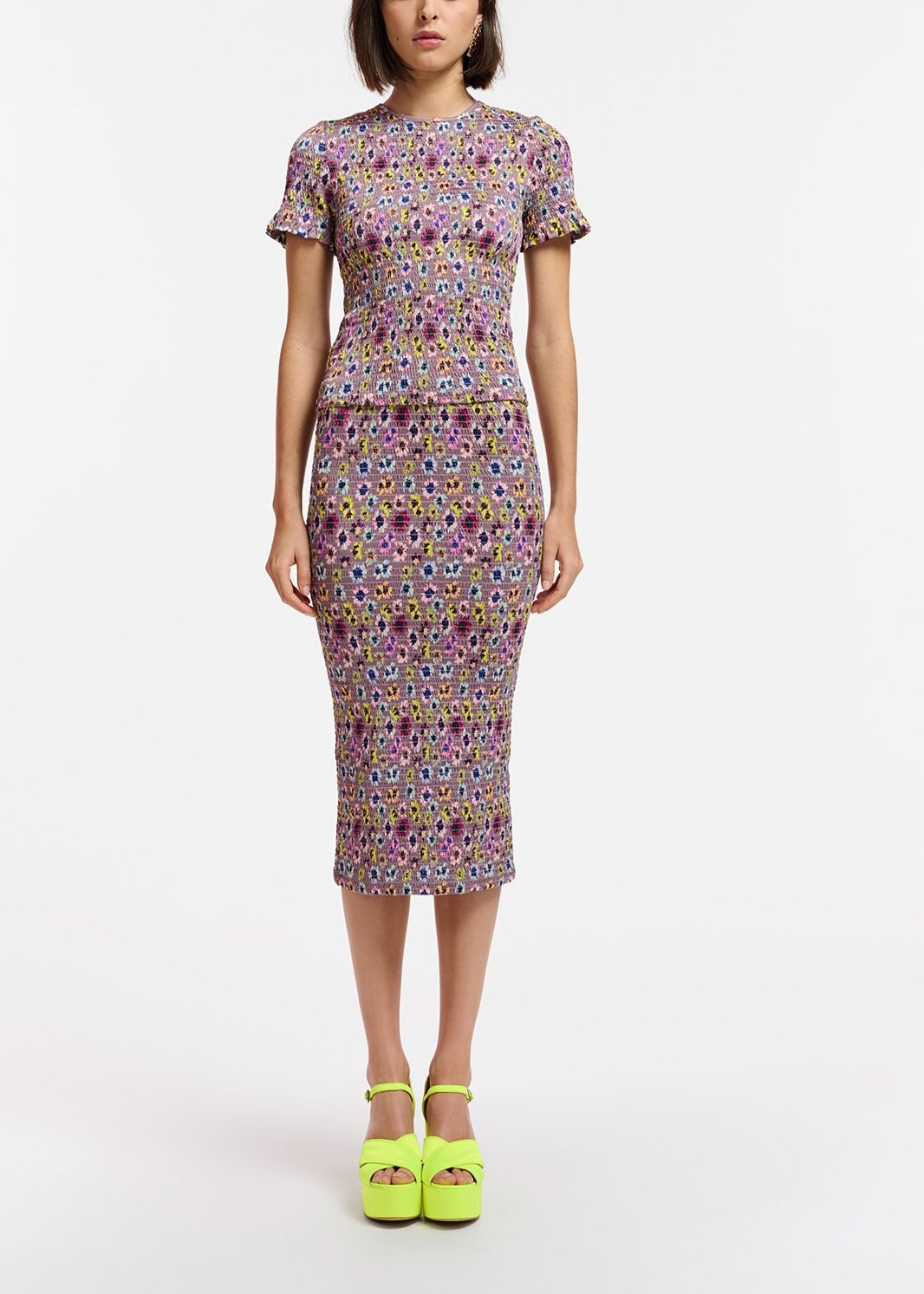 Mauve smocked midi skirt with multicolor floral print RE—SSENTIEL | Essentiel second hand
