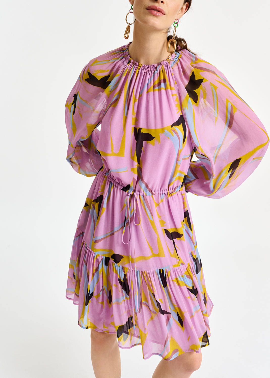 Mini-robe lilas à imprimé abstrait et manches bouffantes RE—SSENTIEL | Essentiel second hand