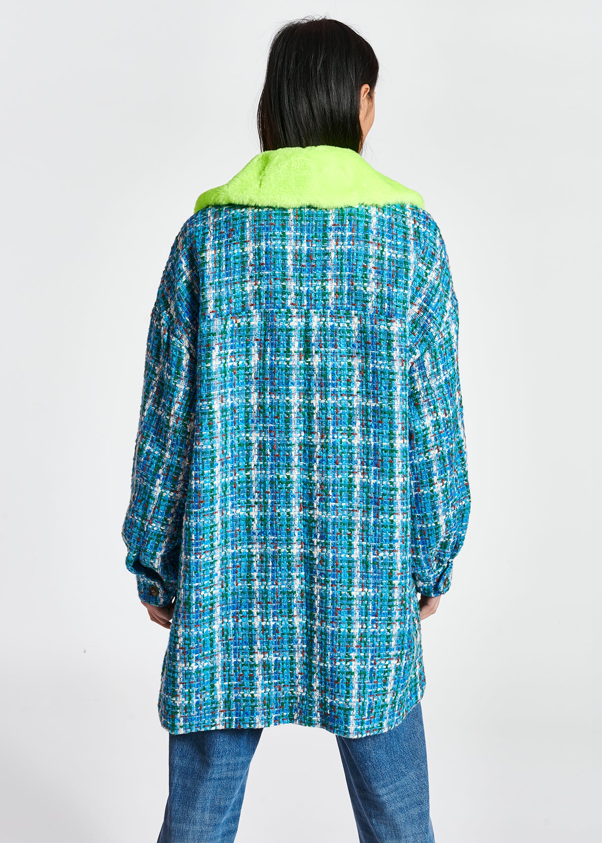 Blue, green and white coat with faux fur collar RE—SSENTIEL | Essentiel second hand