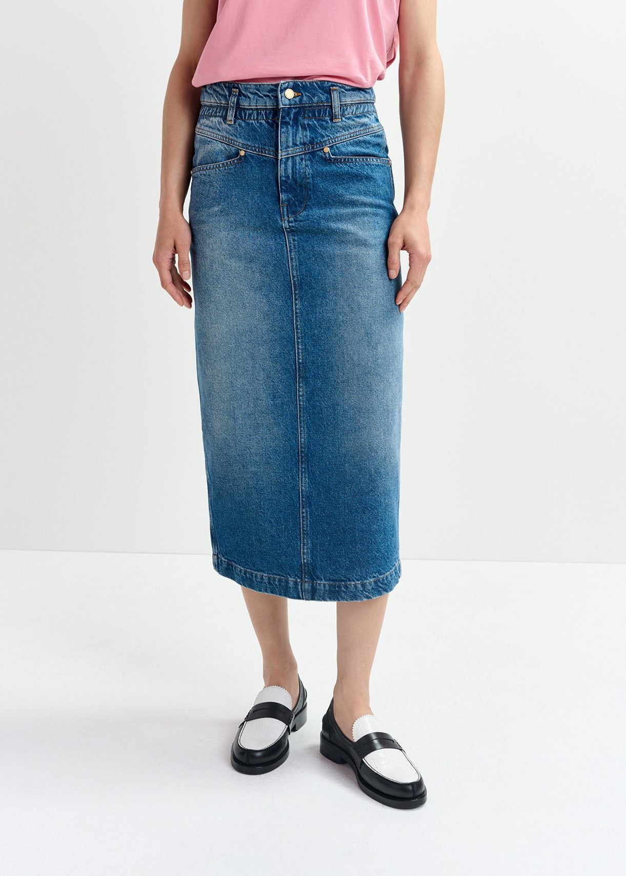 Blue denim midi skirt with paperbag waist RE—SSENTIEL | Essentiel second hand
