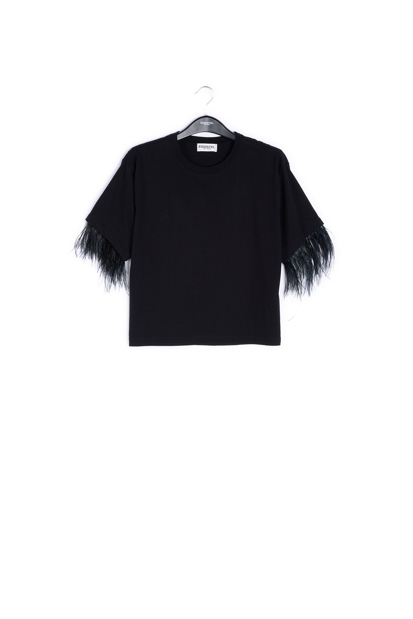 Black cotton-jersey t-shirt with feather trims RE—SSENTIEL | Essentiel second hand