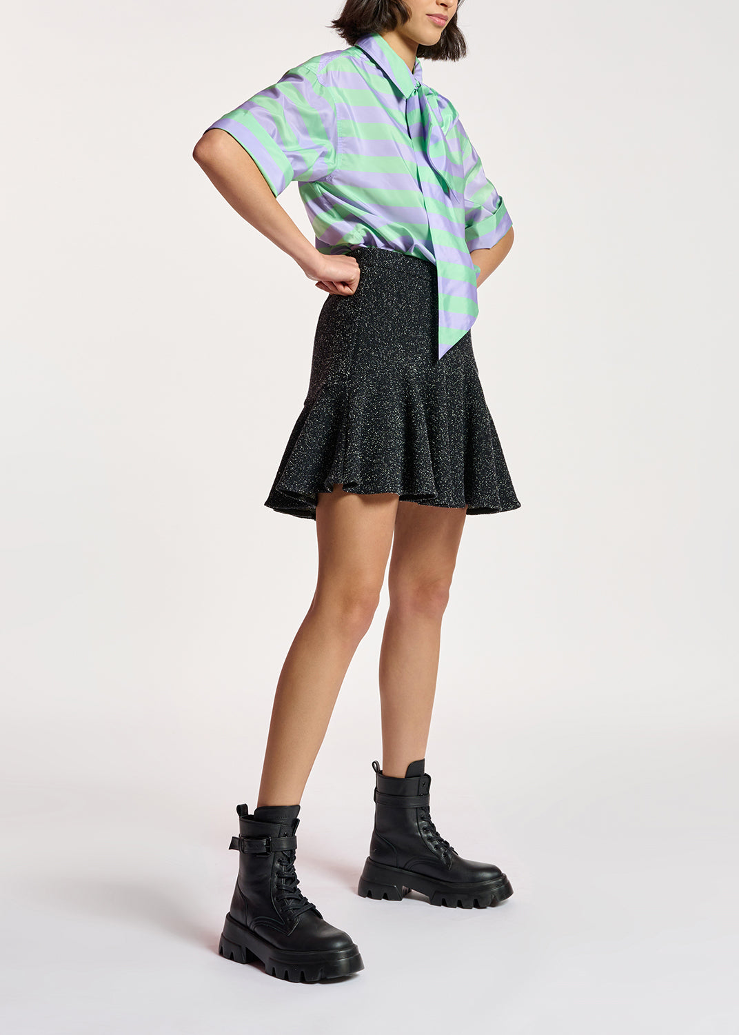 Lilac and mint green striped shirt with pussy bow RE—SSENTIEL | Essentiel second hand